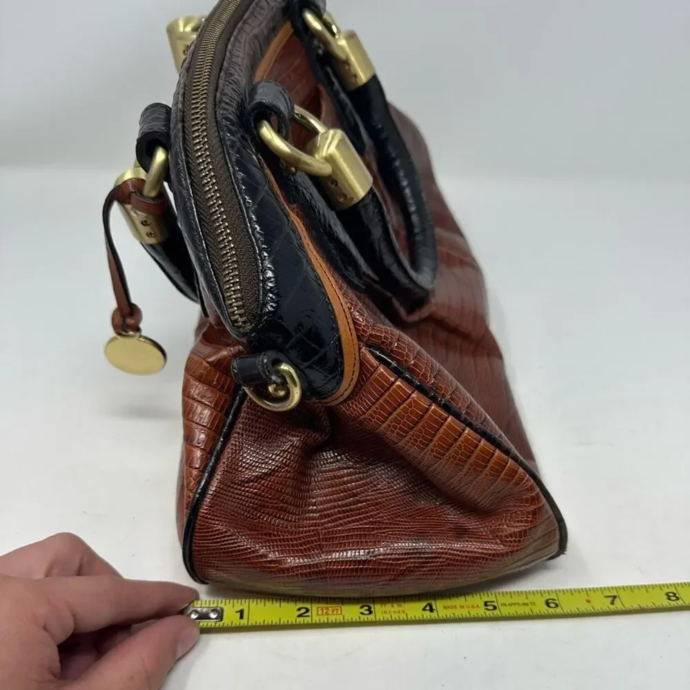 Brahmin Lisa Satchel Bag Cognac Tri-Texture Croc Lizard Brown Gold Tone